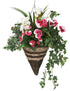 Artificial Pink Pansy and White Geranium Display in a 12" Cone Willow Hanging Basket